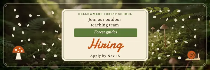 Dellowmere Forest School hiring header, woodland whimsy template
