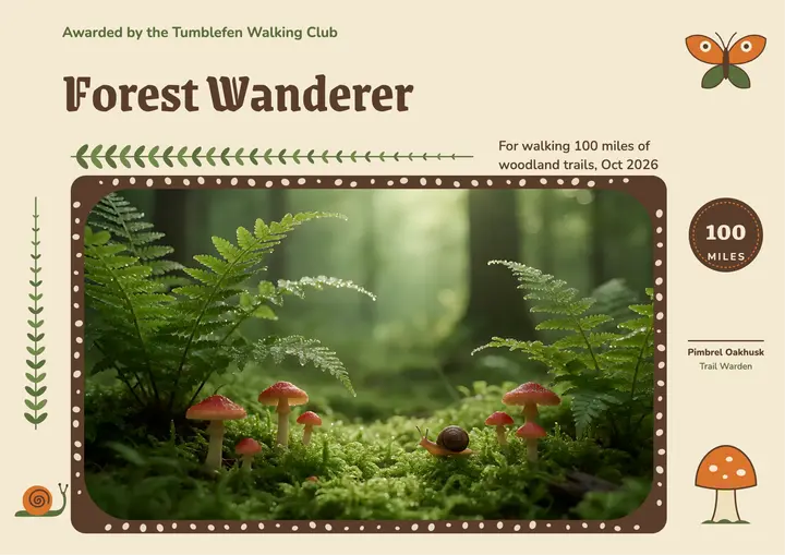 Forest Wanderer walking challenge certificate, woodland whimsy template