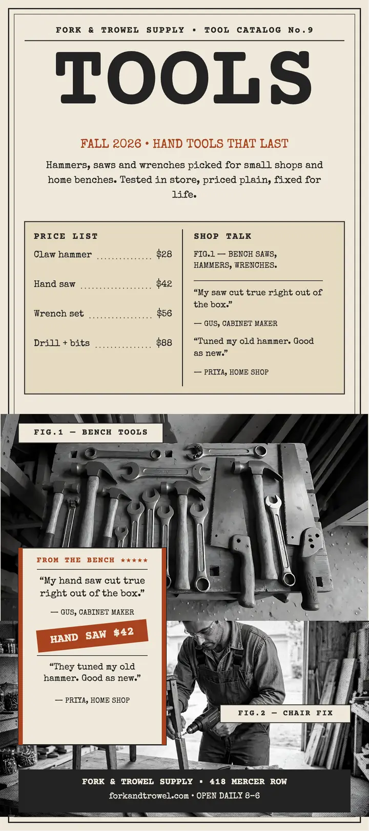 Fork and Trowel tool catalog rack card template