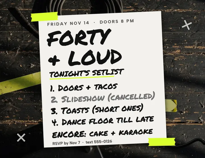 Forty and Loud 40th birthday setlist flyer: 40th birthday party flyer template