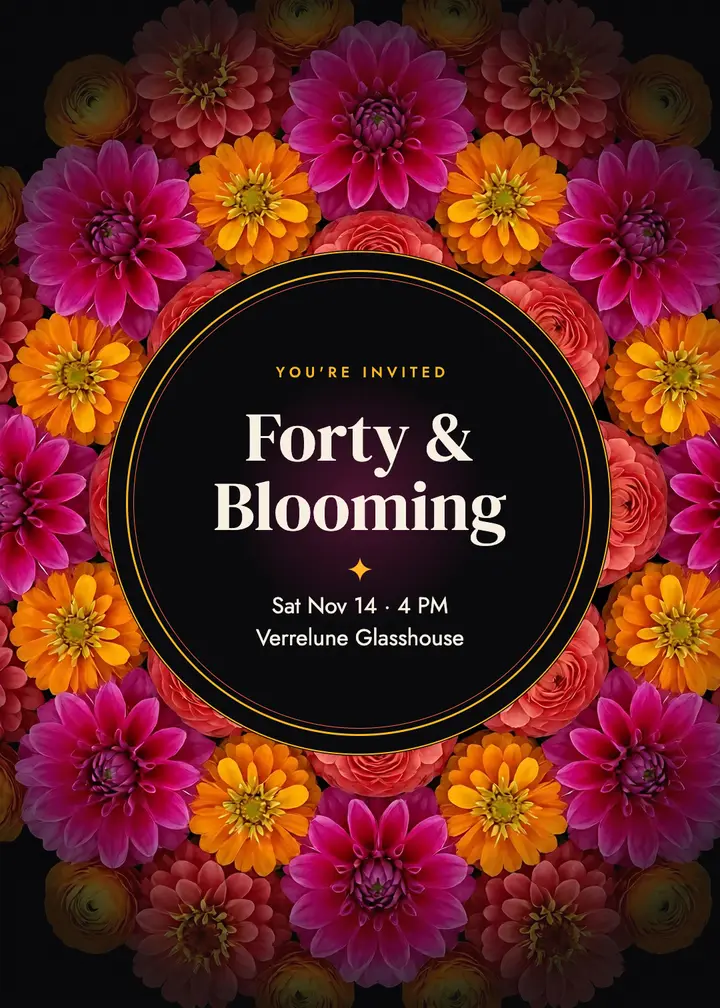 Forty and Blooming dahlia mandala 40th birthday party invite template