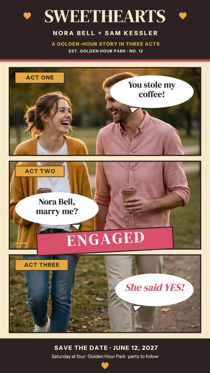 Nora Bell and Sam Kessler fotonovela engagement story template