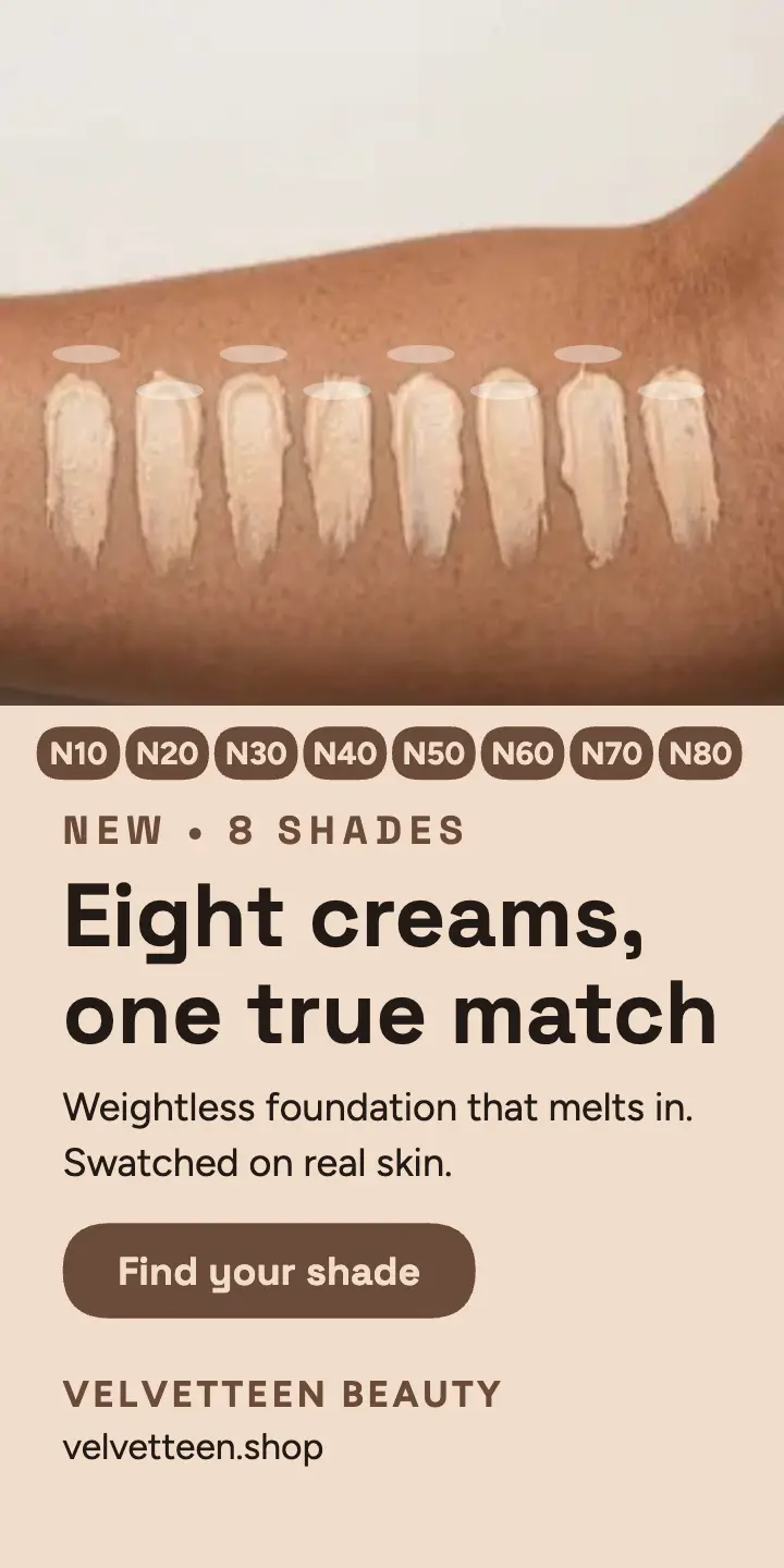 Velvetteen Beauty shade match half page ad template