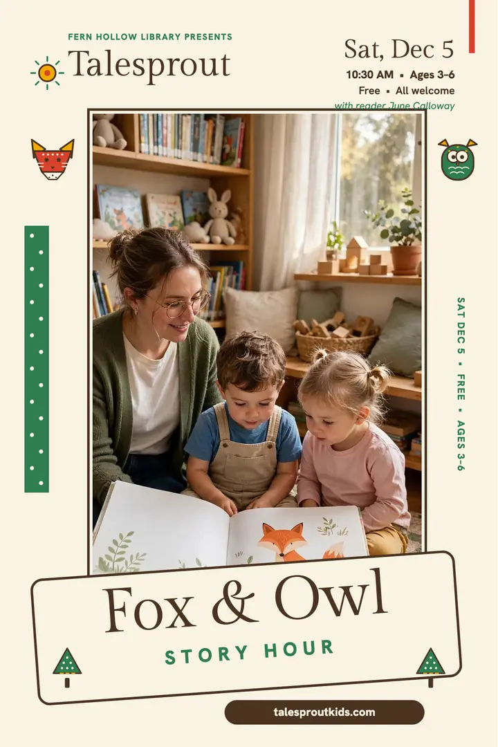 Talesprout Fox and Owl story hour poster template