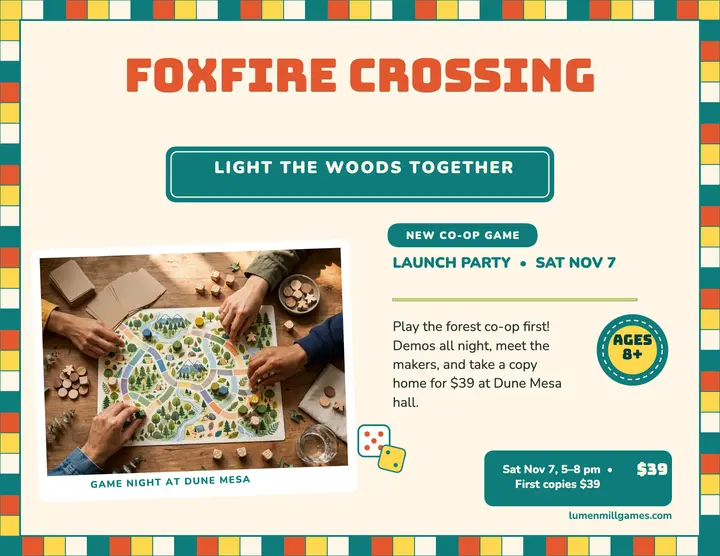 Foxfire Crossing game launch flyer template