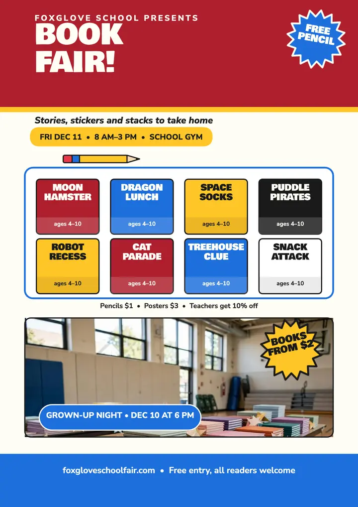 Foxglove School book fair flyer template