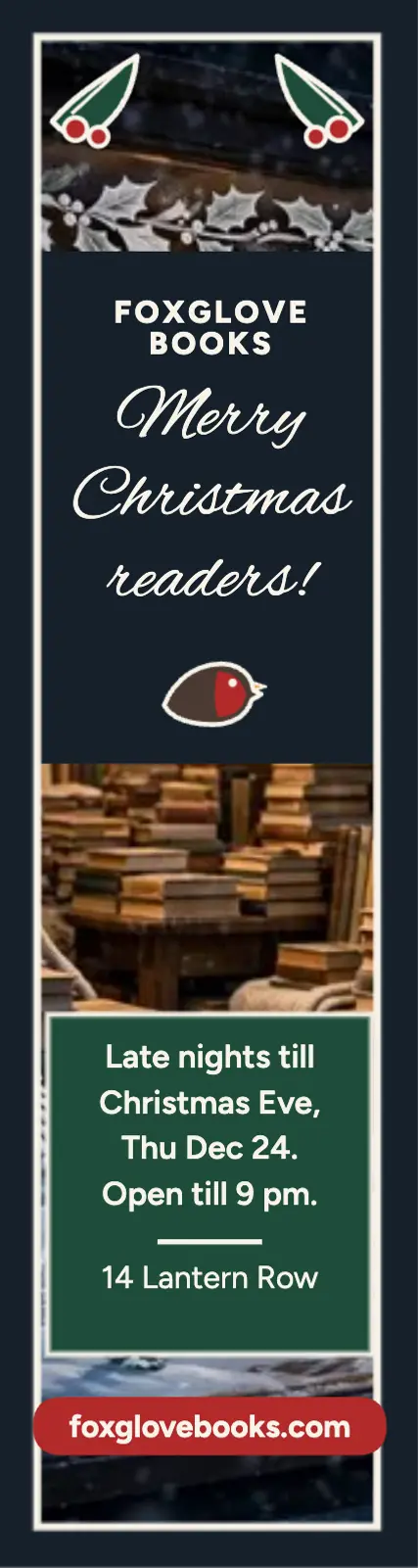 Foxglove Books holiday window late nights ad template