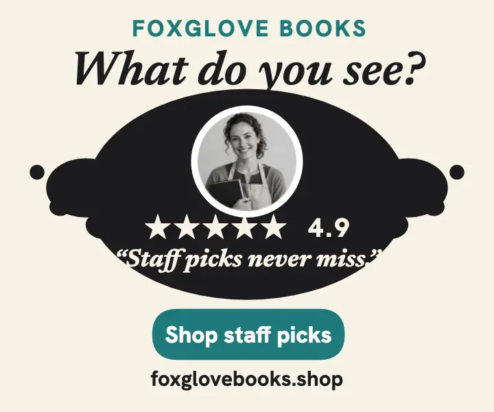 Foxglove Books inkblot review ad: bookstore review ad template