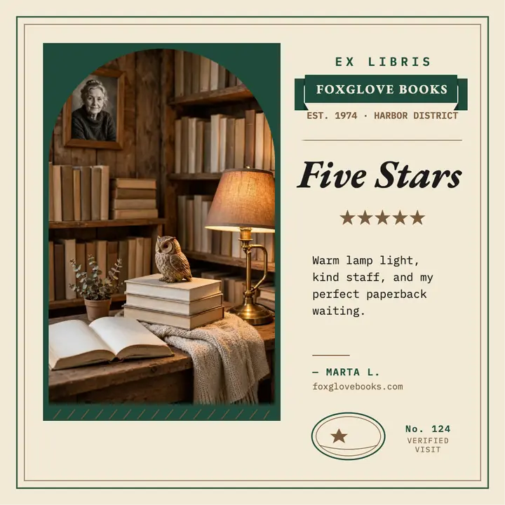 Foxglove Books review card: bookshop review post template