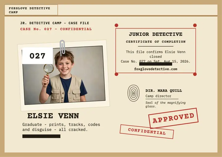 Foxglove Junior Detective certificate template