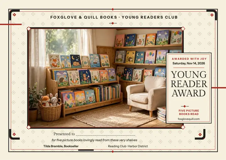 Foxglove reading club certificate, bookshop: reading award certificate template