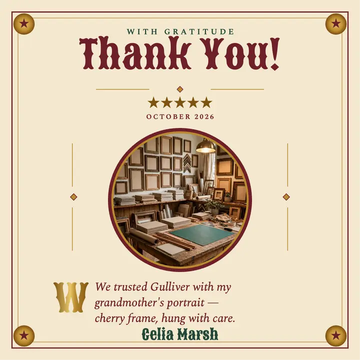 Gulliver frame shop thank you post: thank you testimonial post template