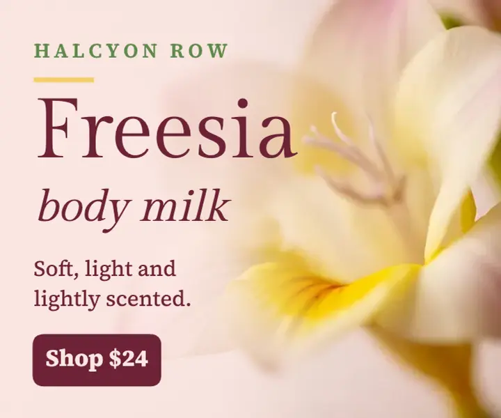 Halcyon Row freesia body milk 300x250 ad, macro bloom template