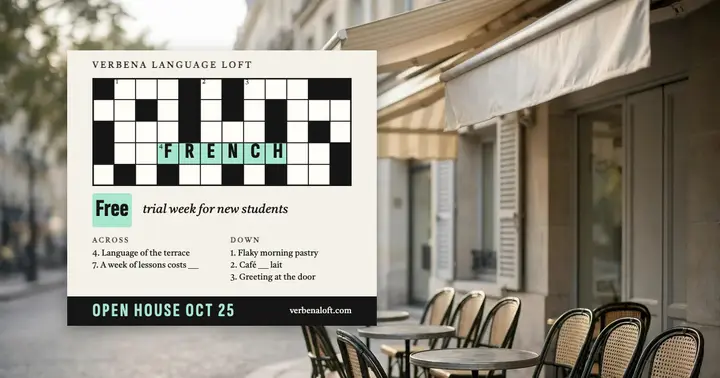Verbena Language Loft French open house crossword post: language class open house post template