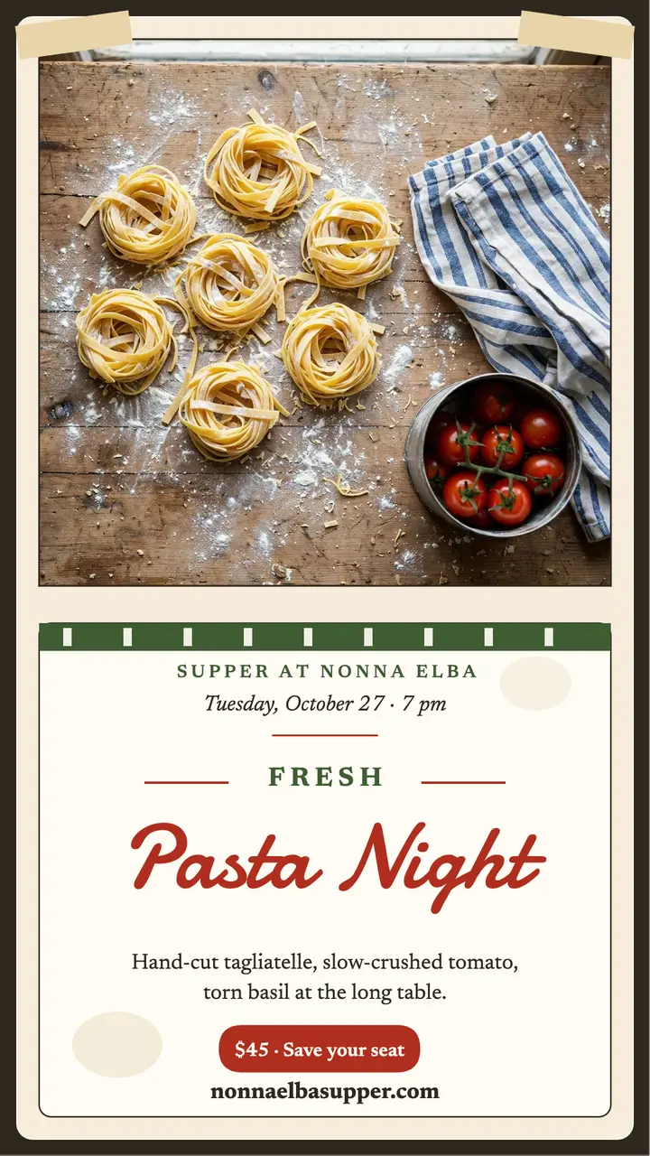 Fresh pasta supper club story, Nonna Elba template