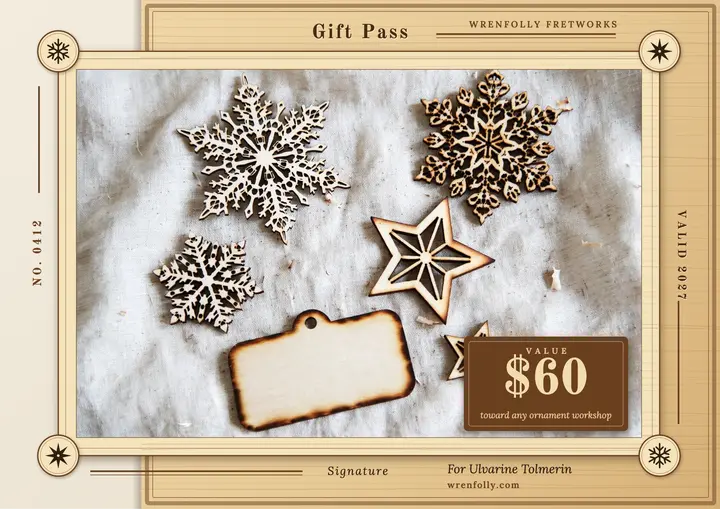 Fretwork ornament workshop gift pass certificate: workshop gift certificate template