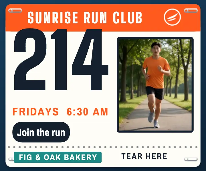 Sunrise Run Club Friday 5K race bib ad template