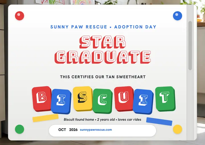 Biscuit star graduate adoption certificate: dog adoption certificate template