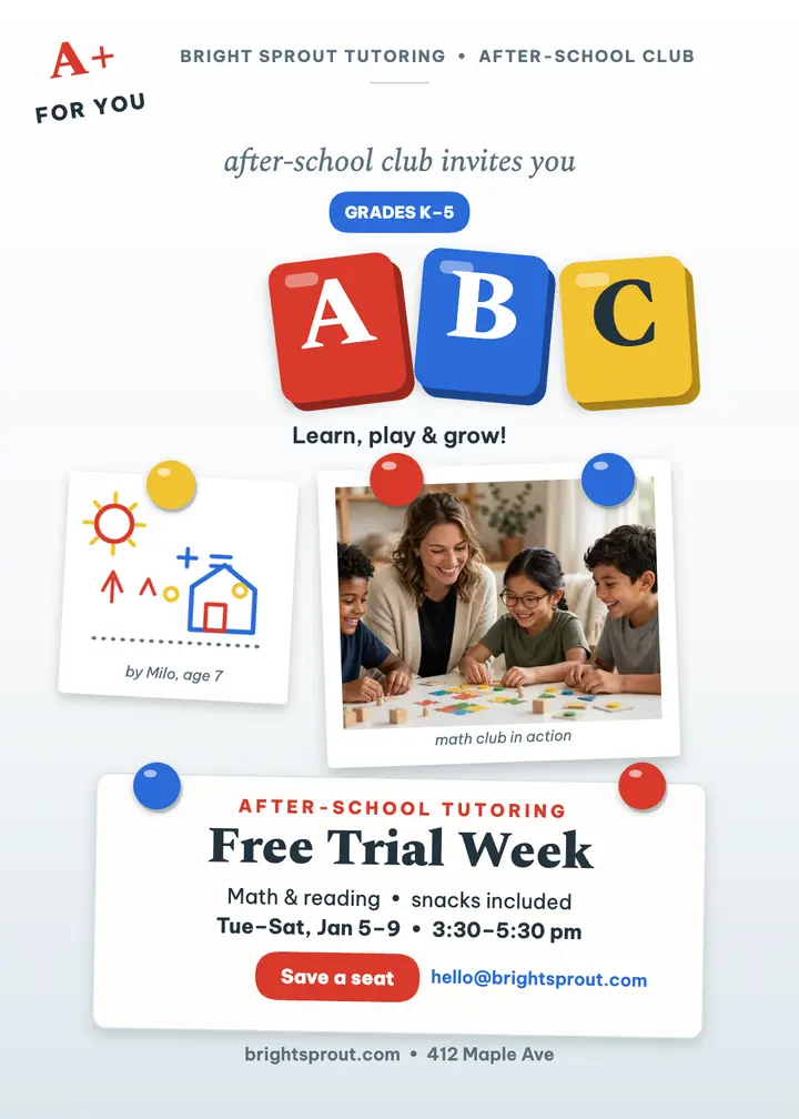 Bright Sprout after-school fridge invite: tutoring invitation template