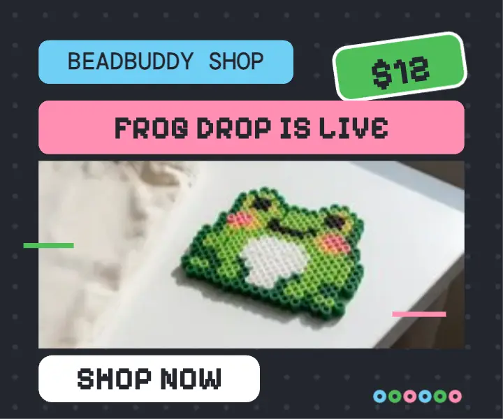 Beadbuddy frog coaster drop ad: frog bead coaster ad template