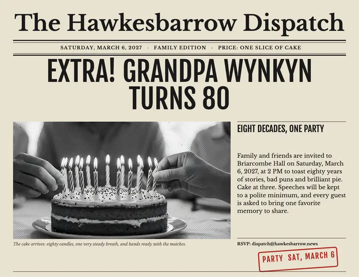 Hawkesbarrow Dispatch 80th birthday front page flyer: 80th birthday newspaper flyer template