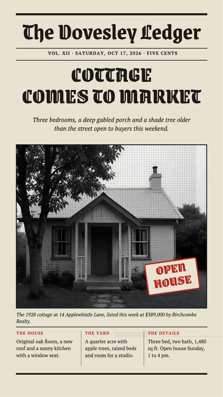 New cottage listing story, newspaper front page template