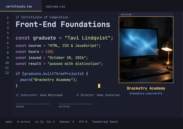 Bracketry front-end bootcamp certificate: coding bootcamp certificate template