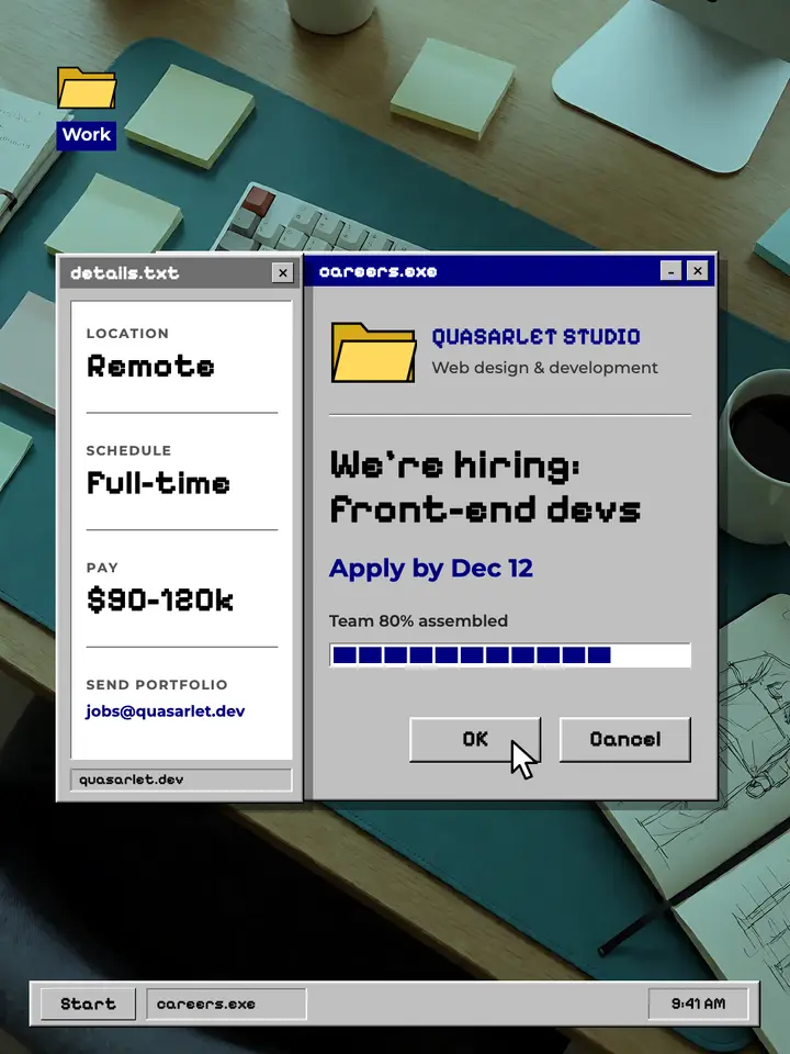 Front-end developer hiring post, retro desktop dialog: hiring post template