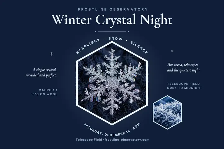 Frostline winter crystal night postcard: winter stargazing postcard template
