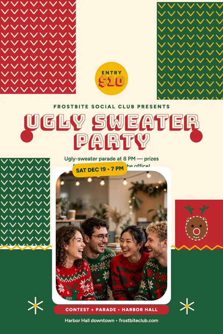 Frostbite Social Club ugly sweater party poster template