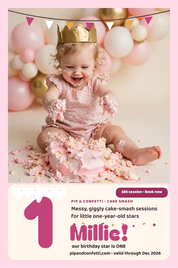 Millie cake smash poster, Pip and Confetti: first birthday cake smash poster template