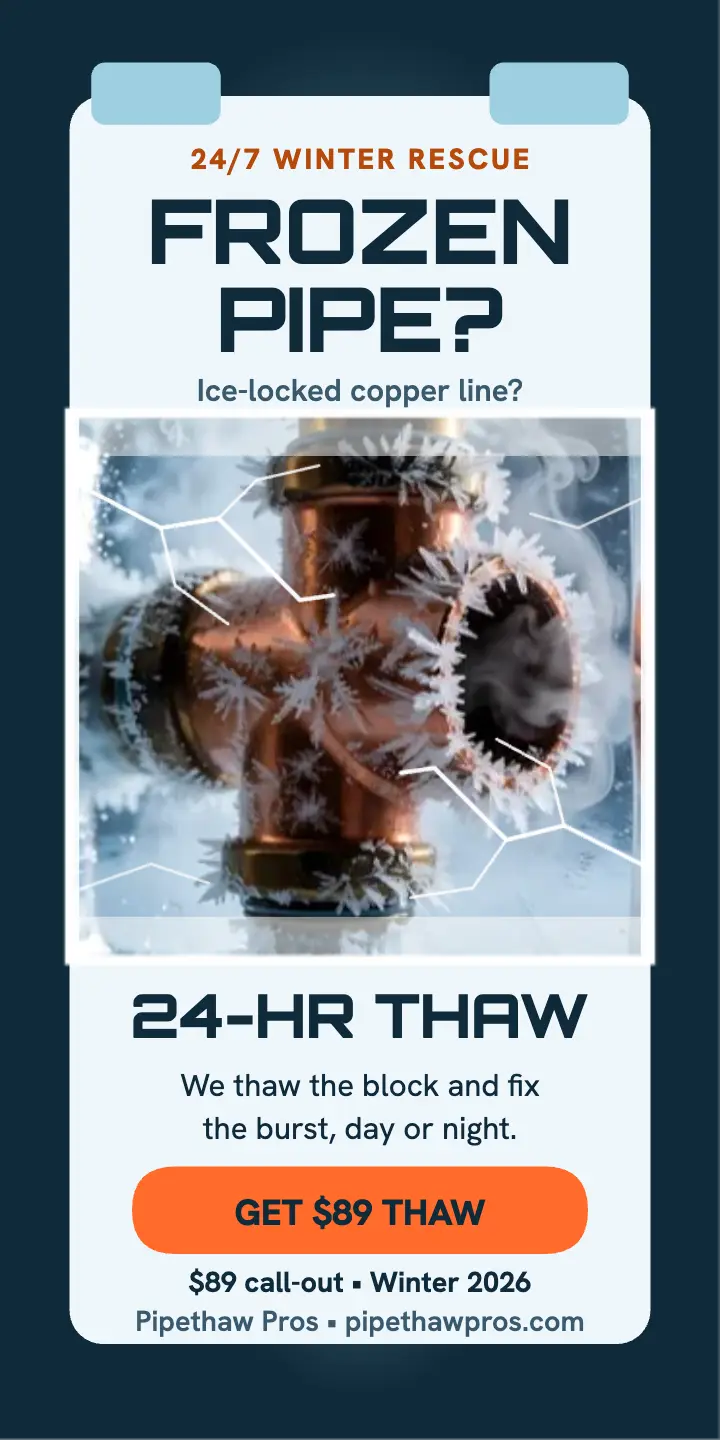 Pipethaw Pros frozen pipe thaw ad: plumber winter ad template