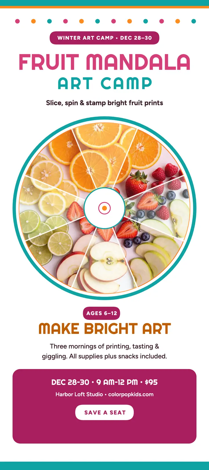 Colorpop Kids fruit mandala art camp card: kids art camp card template