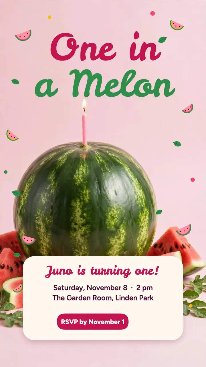 One in a Melon first birthday story: first birthday invitation story template
