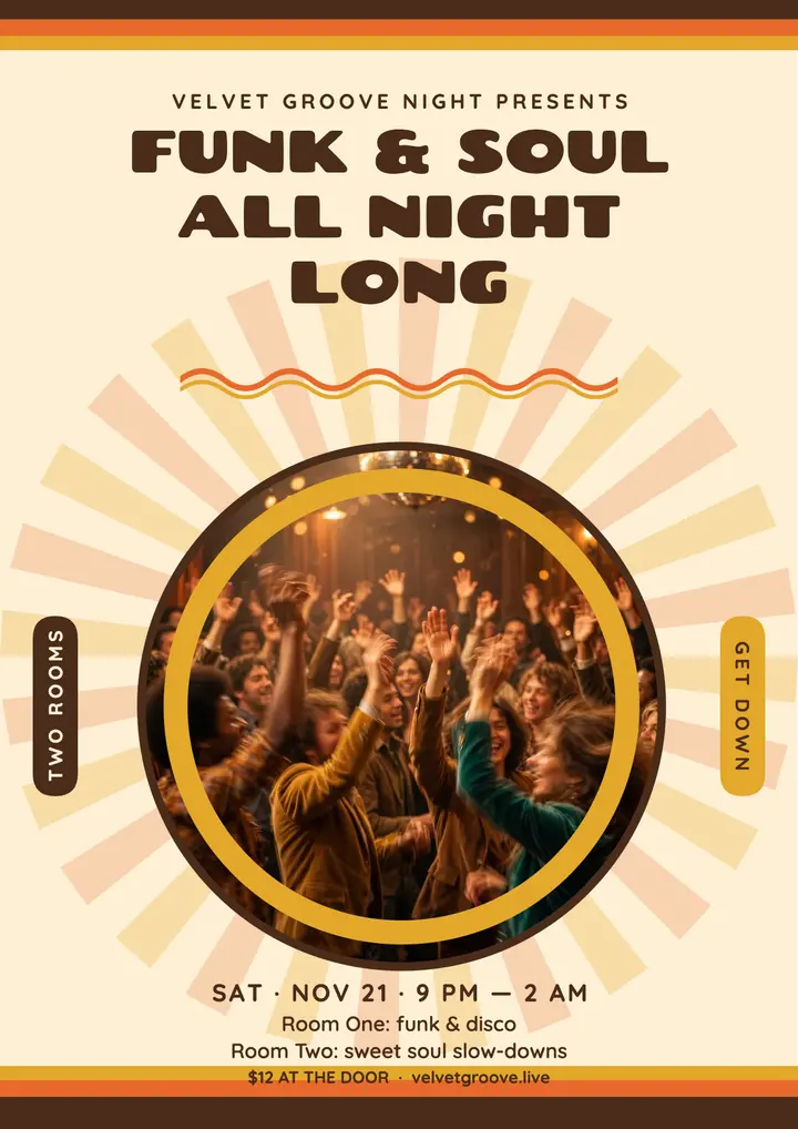 Velvet Groove funk soul night flyer: funk soul dj night flyer template