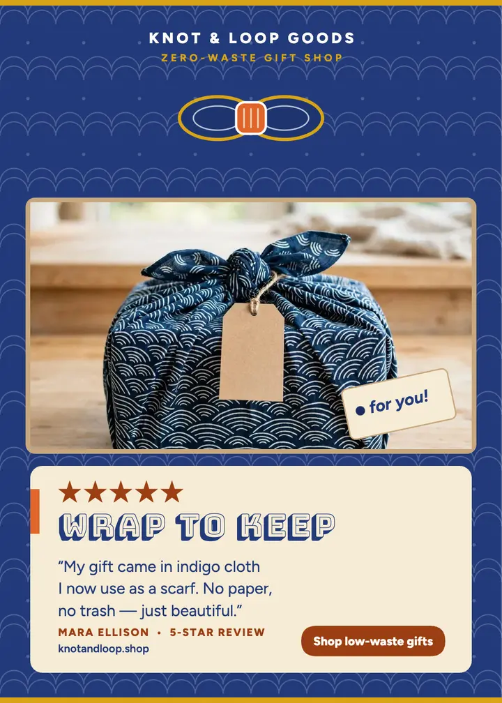Knot and Loop zero-waste review card: gift shop review card template