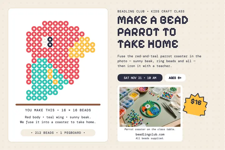 Beadling Club parrot bead class postcard template