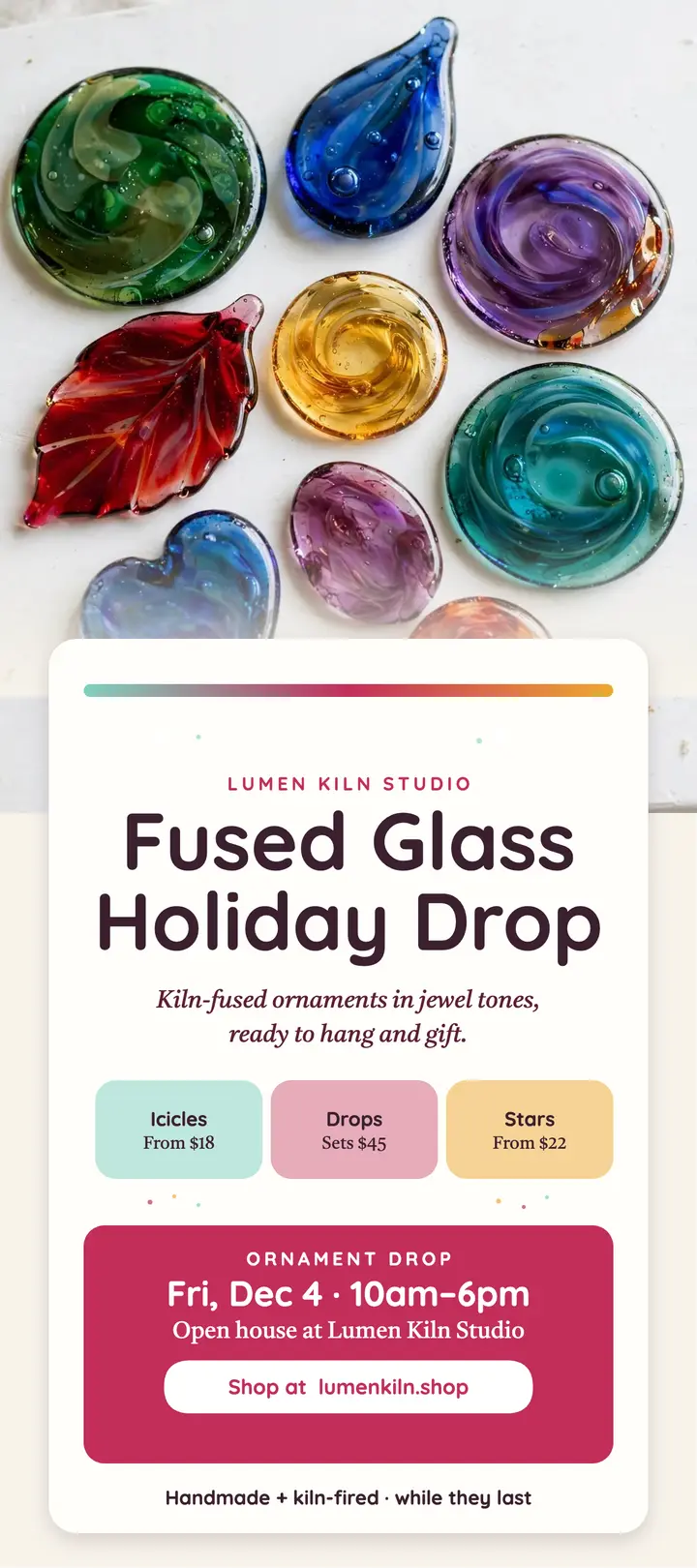 Lumen Kiln fused glass ornament drop rack card template