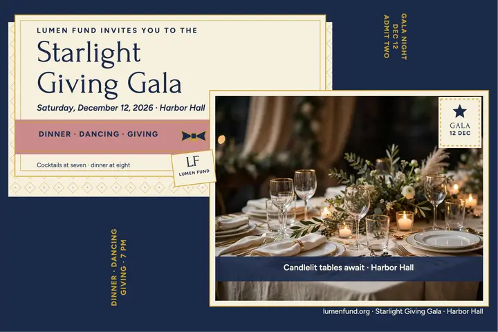 Starlight Giving Gala belly-band invitation: gala invitation postcard template