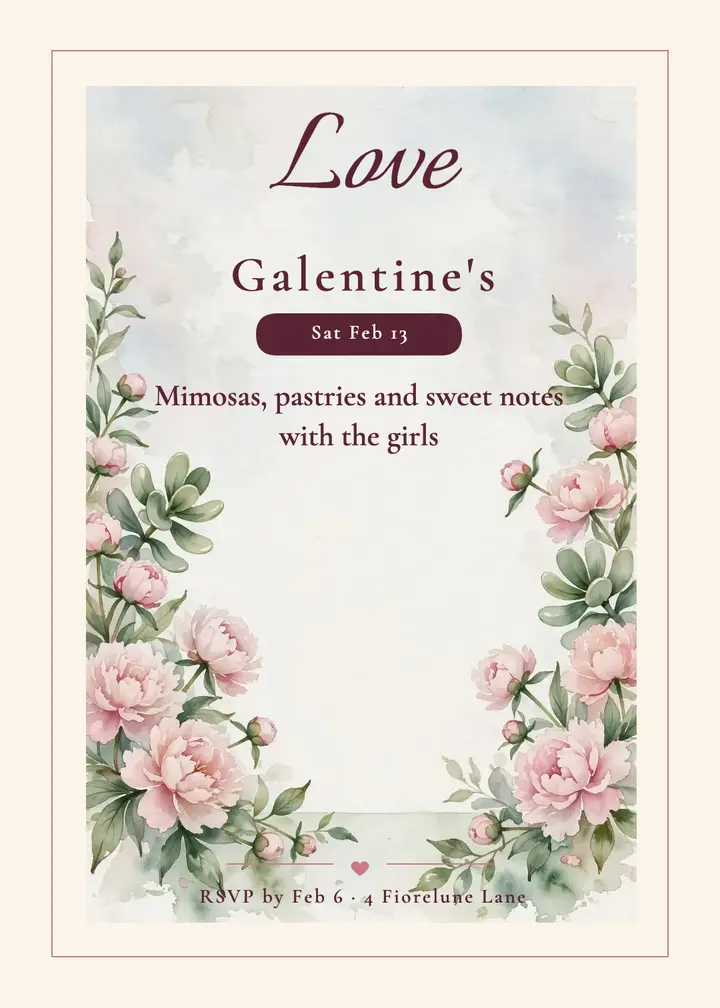 Galentine's brunch invitation, watercolor peonies: galentine's brunch invitation template