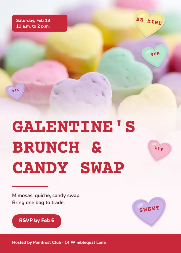 Galentine's candy swap brunch invitation, conversation hearts template