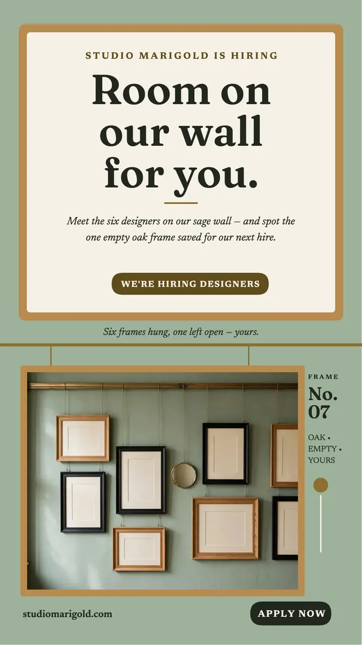 Studio Marigold team wall hiring story: team hiring story template