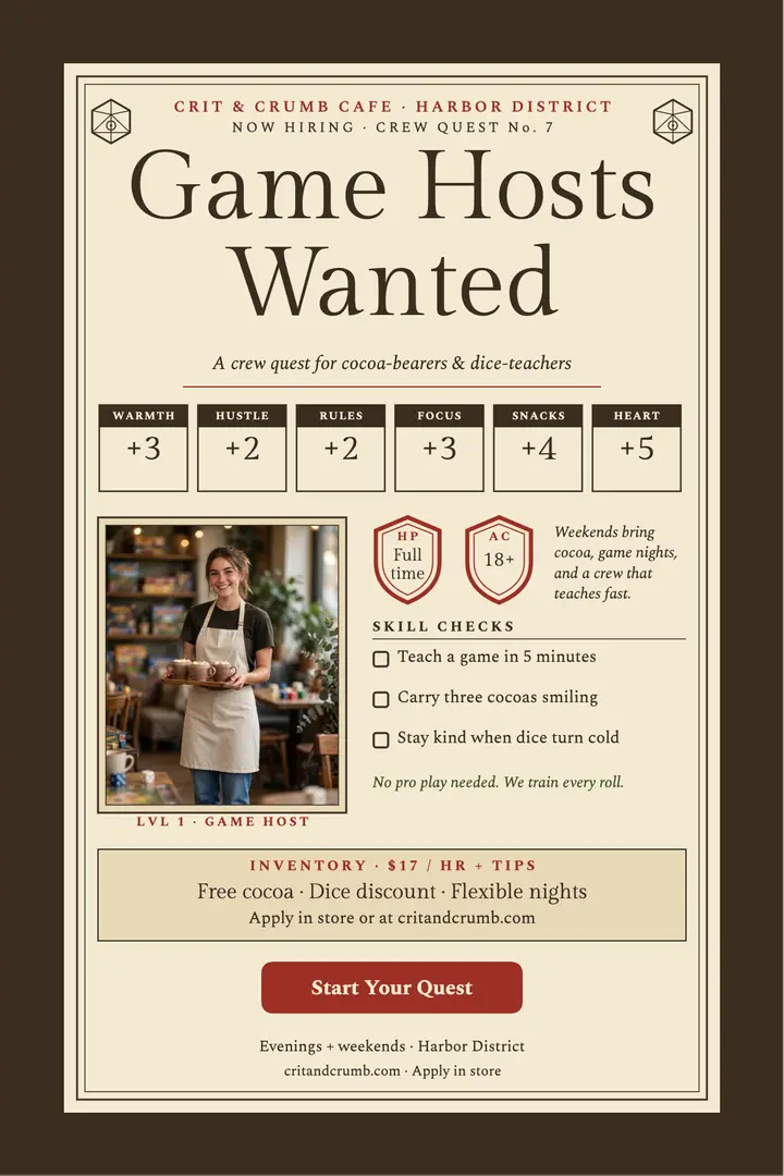 Crit and Crumb game hosts quest poster: game cafe hiring poster template