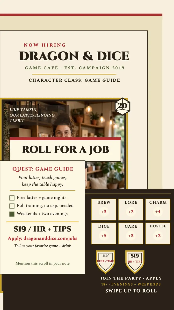Dragon and Dice game guide hiring story: game cafe hiring story template