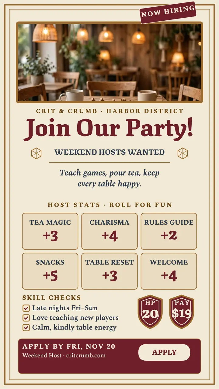 Crit and Crumb game cafe host hiring story: hiring story template