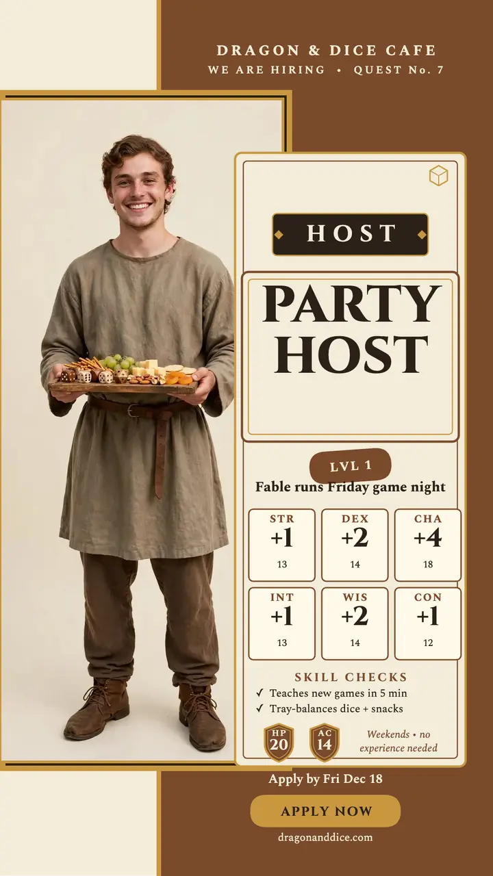 Dragon and Dice party host sheet story: hiring story template