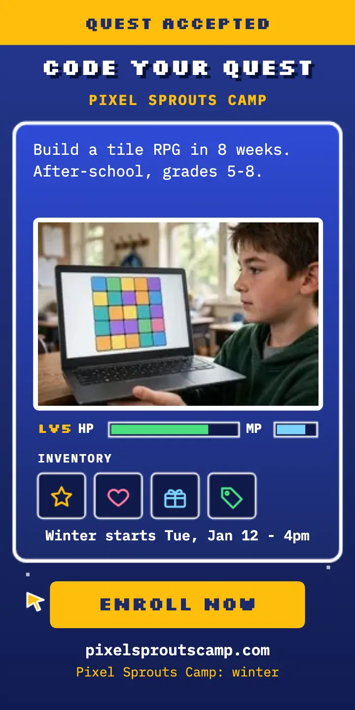 Pixel Sprouts game coding camp ad: coding camp ad template
