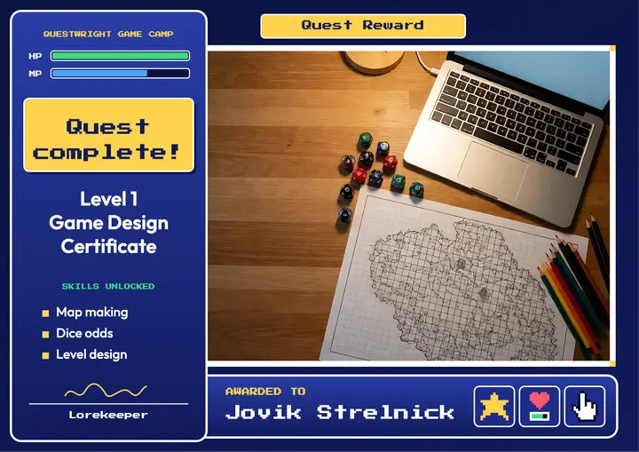 Questwright Game Camp certificate, RPG menu template