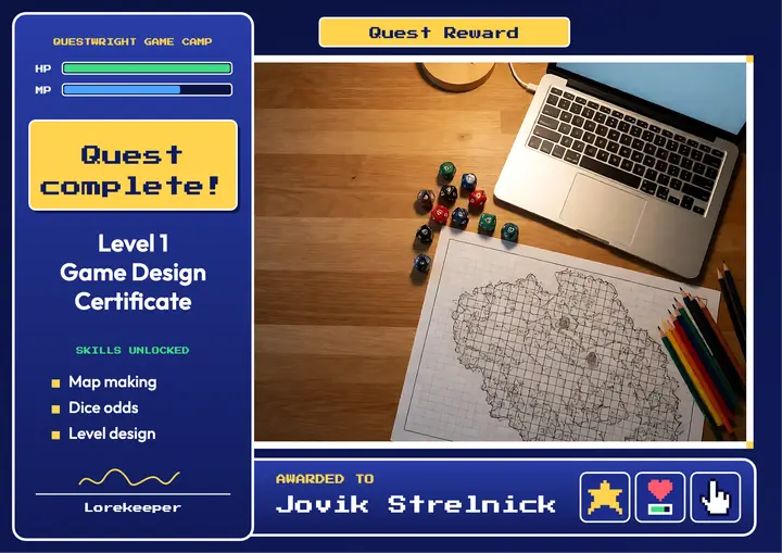 Questwright Game Camp certificate, RPG menu template