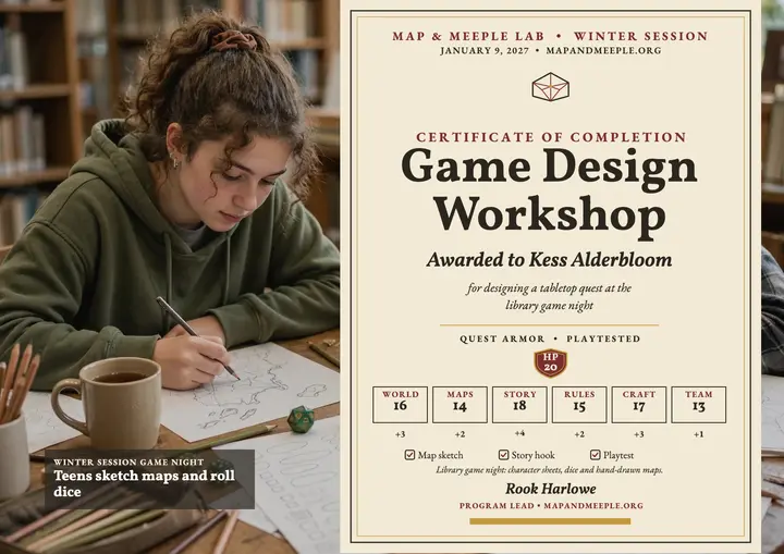 Map and Meeple game design certificate template